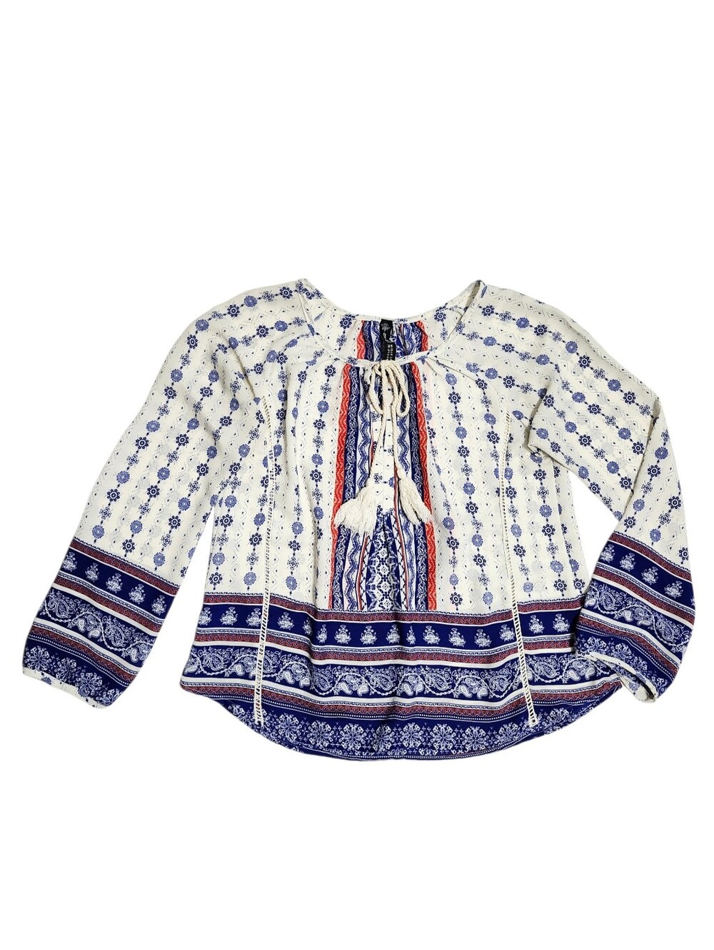 Design Lab Lord & Taylor White Boho Blouse with Navy & Red Print size M - Picture 9 of 13